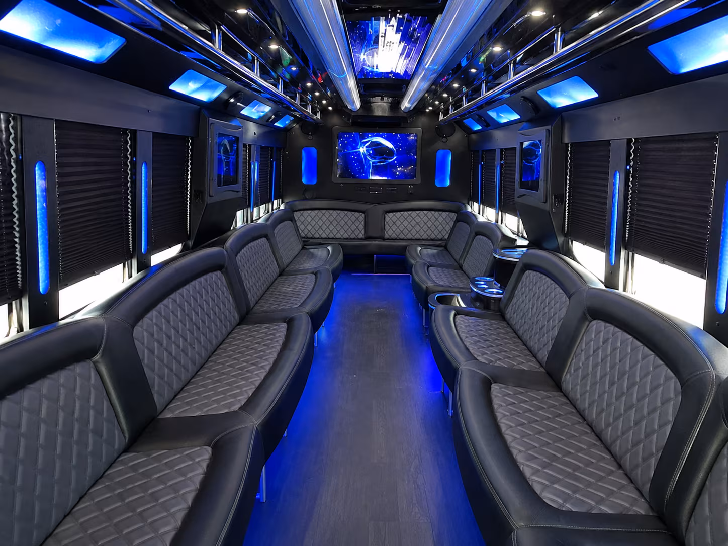 Passenger seating aboard a party bus rental serving Salt Lake City